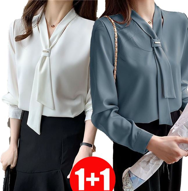 지고다그 1+1 여성 봄가을 간절기 리본타이 블라우스 긴팔 정장 타이블라우스 쉬폰 브이넥 셔츠 세련된 오피스룩 출근용 GJX3209