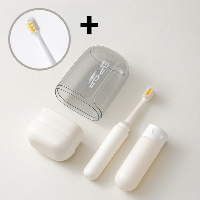 여행용 칫솔케이스 세트 휴대용 양치컵 칫솔 치약 보관함 세면도구 (교체헤드1개추가), 1개, 크림