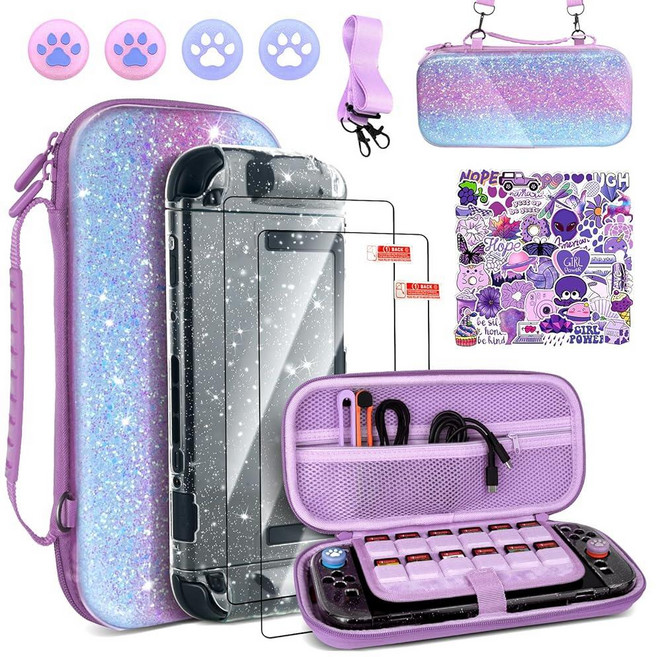 TIKOdirect Accessories Bundle for Nintendo Switch 2 Glitter Carrying Case with 12 Game Card Slots, Purple