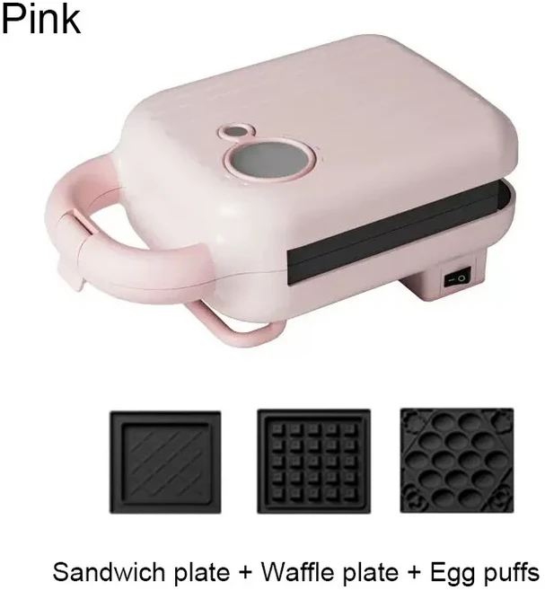 DMWD 다기능 가벼운 음식 와플 기계 도넛 케이크 샌드위치 메이커 변경 가능한 플레이트 토스터 그릴 파니, 05 Pink 3 plate