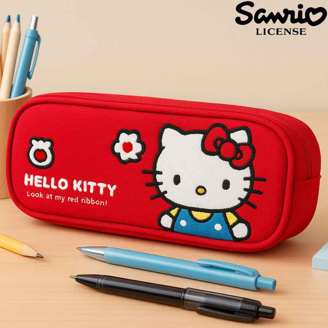 한들 산리오 헬로키티 면 아플리케 패브릭 필통, 1개