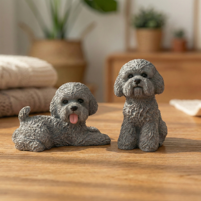 푸들 비숑 2종 피규어 엎드린 앉아있는 강아지, 실버세트