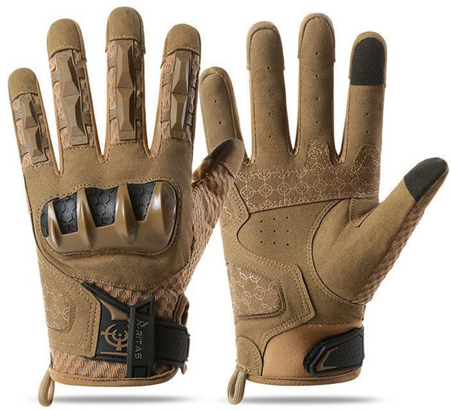 戶外專業運動防摔觸控手套 機車騎行防護訓練攀巖防滑多功能手套, 赫布骨架殼長指--深咖色,M