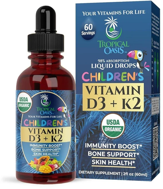 USDA 유기농 비타민D3 K2 액체 드롭 만 이상 용 칼슘 흡수 강한 뼈 비건 59.1ml2온스 미주 출고, Kids Vitamin D3+K2, 1개, 60ml - 쿠팡