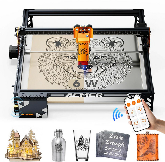 Acmer 소형 6W 금속 레이저 각인기 마킹기 커팅기 나무 아크릴 가죽 wifi 앱 연동 P1S PRO, 1개