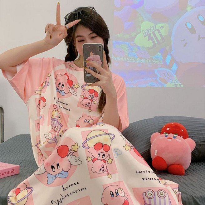 해피유통 여성 청소년 원피스 캐릭터 프린트 봄 여름 귀여운 편안한 면 소재 LWJ
