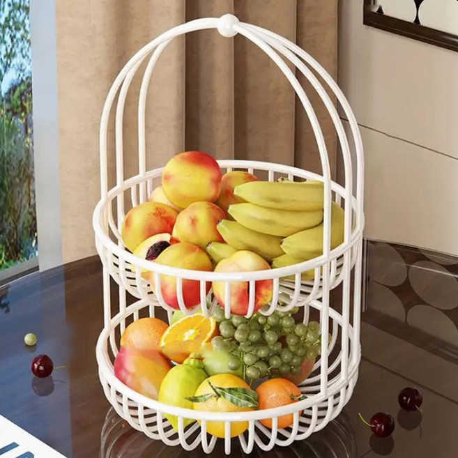 가정용 빈티지 과일바구니 스타일 과일트레이 2단 튼튼한 간식바구니 휴대용 정교한 사탕 빵바구니, 1개, 화이트