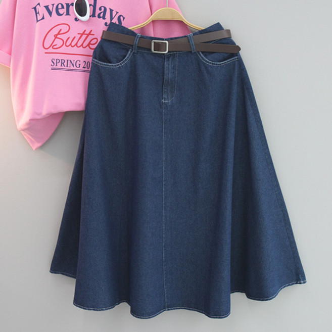 달콩 여성 청치마 봄신상 간절기 컬리A라인데님롱스커트(벨트SET)