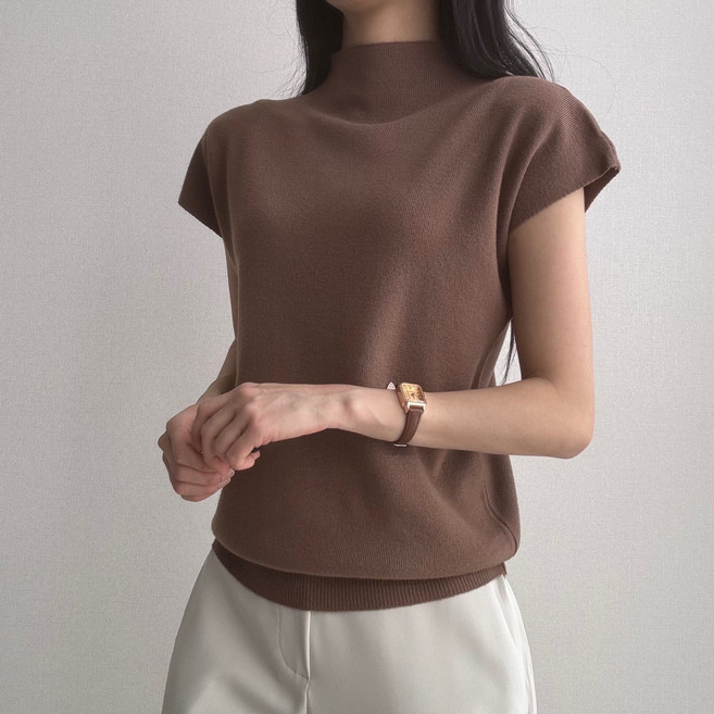 파츠 소프트 터치 반하이넥 니트 데일리 오피스룩 반팔 티