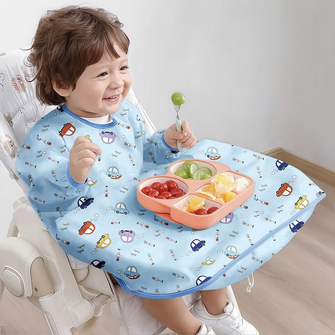 이유식 턱받이 긴팔 턱받이 아기 방수 턱받이 전신 커버 오염방지 어린이집 필수템, 1개, 1개입, 소프트 블루