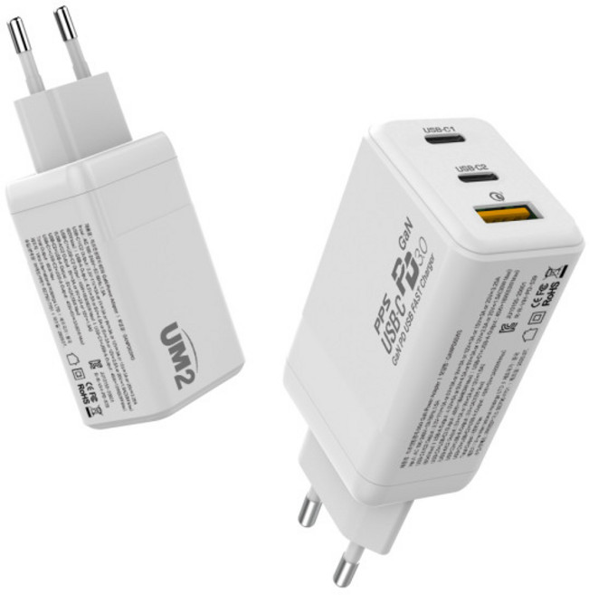 유엠투 65W GAN PD 3포트 소형 멀티 충전기 GANPD65W3, 화이트, 1개