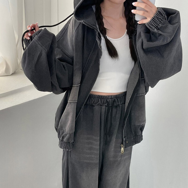 (모노레인) 워싱 오버핏 후드 집업 데님점퍼 D 4400