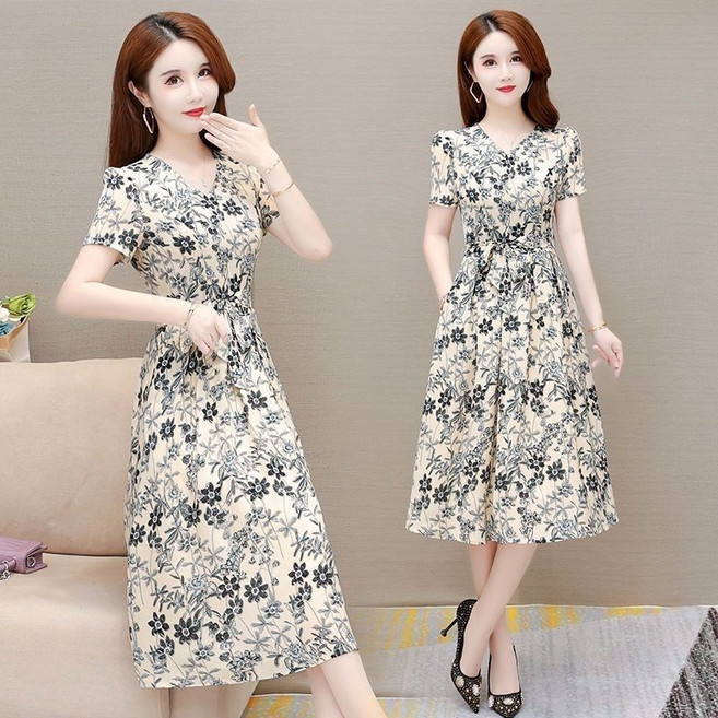 韓系碎花洋裝 收腰顯瘦 中長款大碼有口袋連身裙, 白色,5XL【建議75-82.5公斤】