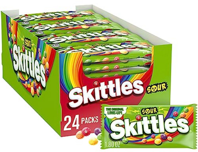 스키틀즈 사워 썸머 츄이 캔디 벌크 모음 51g (24개입) SKITTLES Sours Individually Wrapped Full Size Chewy Candy Packs, 1개