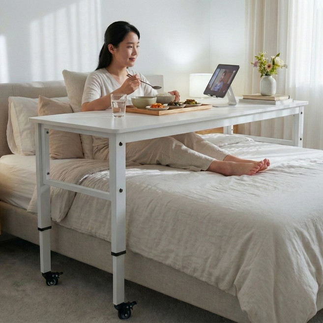 이동식 높이조절 침대 테이블 흔들림 없는 통프레임 베드 트레이 병원 환자 컴퓨터 책상, 화이트