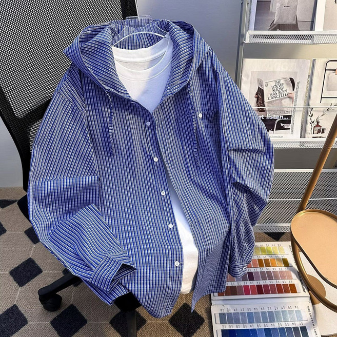 FINE ART 남자 후드 체크 셔츠 자외선차단 바람막이 얇은 롱 후드티 오버핏 후드 남방 빅사이즈 여름코트 데일리