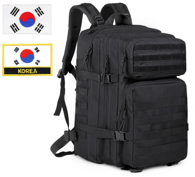 대용량 45L 등산백팩 밀리터리 가방 태극기 패치 2종 증정, 블랙