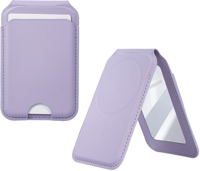 3in1 미러 가죽 맥세이프 카드지갑 마그네틱 거울 PU 거치대 레더 스탠드 3장 수납 케이스, 1개, 라벤더
