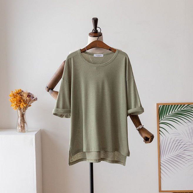 여성 빅사이즈 린넨 언발 라운드 무지 여름 루즈핏 반팔 티셔츠