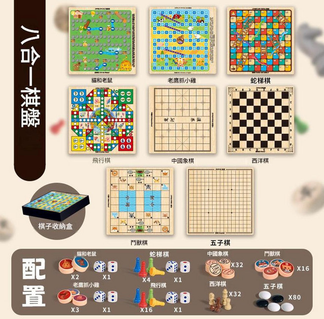 多功能棋盤 飛行棋 西洋棋 五子棋 貓和老鼠 益智桌面遊戲, 八合一多功能棋 飛行棋 鬥獸棋 五子棋 蛇梯棋 中國象棋 國際象棋 貓和老鼠 老鷹抓小雞, 1個