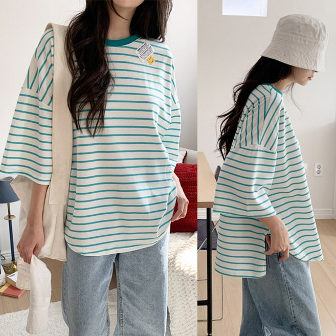 엘리즈데이 에디패치반팔티 여성티셔츠 반팔티 반소매 라운드티 면티 단가라티 스트라이프티 박스티 루즈핏 트임티 빅사이즈티 데일리룩