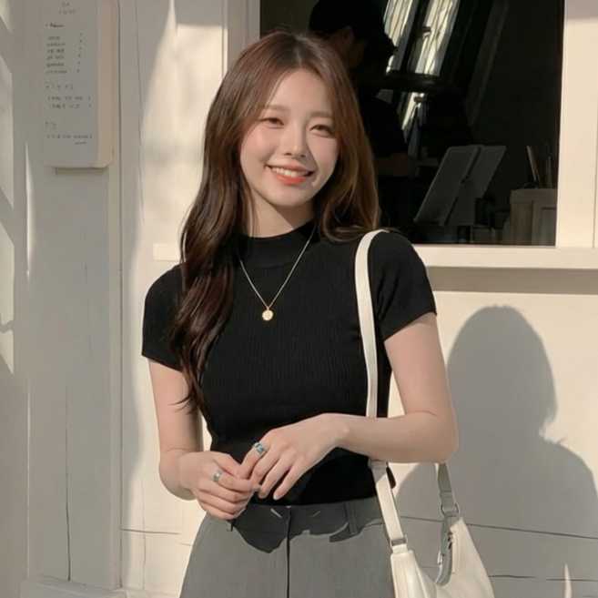 에리르 반목 반소매 니트 베이직 무지 캡소매 레이어드 이너 니트 티셔츠