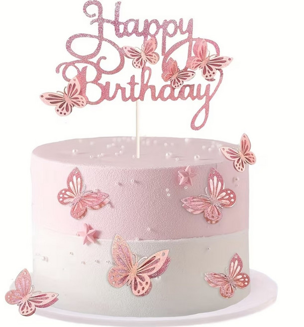 공주 생일 케이크 토퍼 나비 글리터 케이크픽 13개 세트, 1개, 핑크