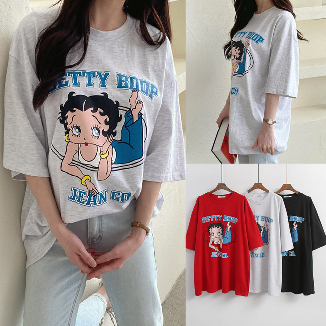 빅사이즈여성의류 베티붑 박시 롱 반팔 티셔츠 오버핏 캐릭터 나염 캐주얼 롱티 66-110 size 큰옷 봄 여름 가을