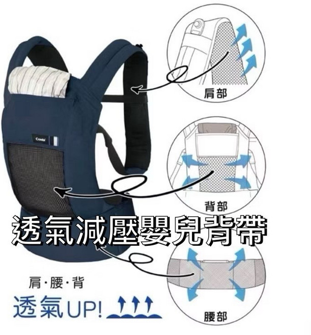 Combi透氣減壓嬰兒背帶 肩腰背設計 多種揹負方式 舒適親膚, 藍色