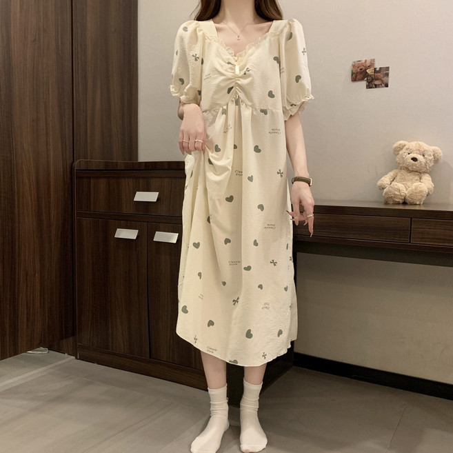 DIU 夏季雲朵棉睡裙女短袖可愛寬鬆女生睡衣帶胸墊可拆卸家居服可外出