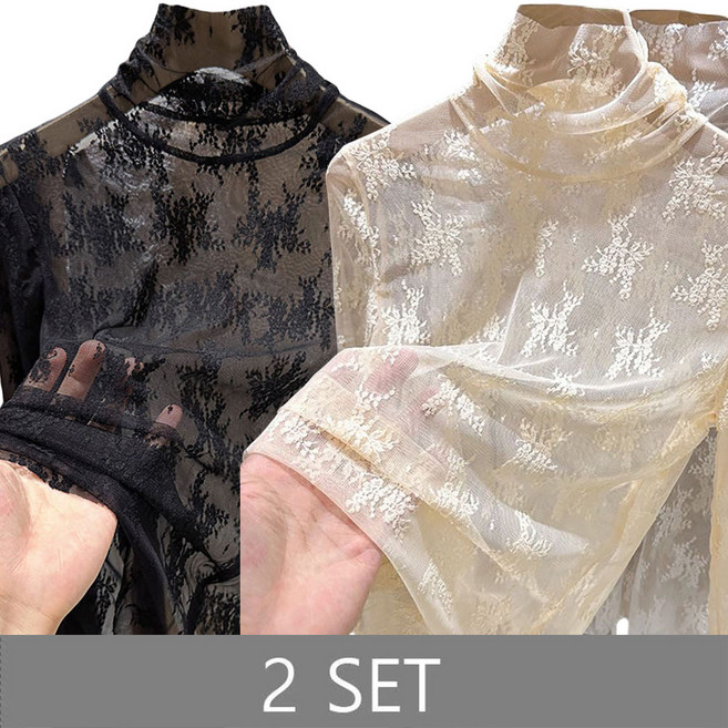 ROYALBELLE 2장묶음 여성 하이넥 레이스 망사 패치워크 우아한 데일리 이너 티셔츠 G0111109