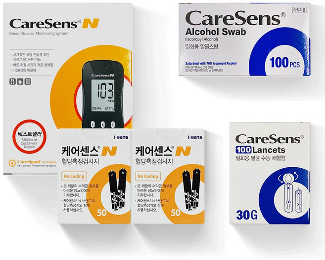 케어센스N 혈당측정기+시험지100매+채혈침100+알콜솜100, 1개, 1세트