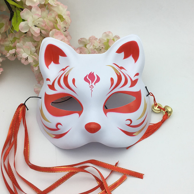 彩繪日式和風狐狸面具半臉 古風漢服化妝舞會cos動漫貓臉狐妖面罩, 1個, 紅荷喵, 紅荷喵