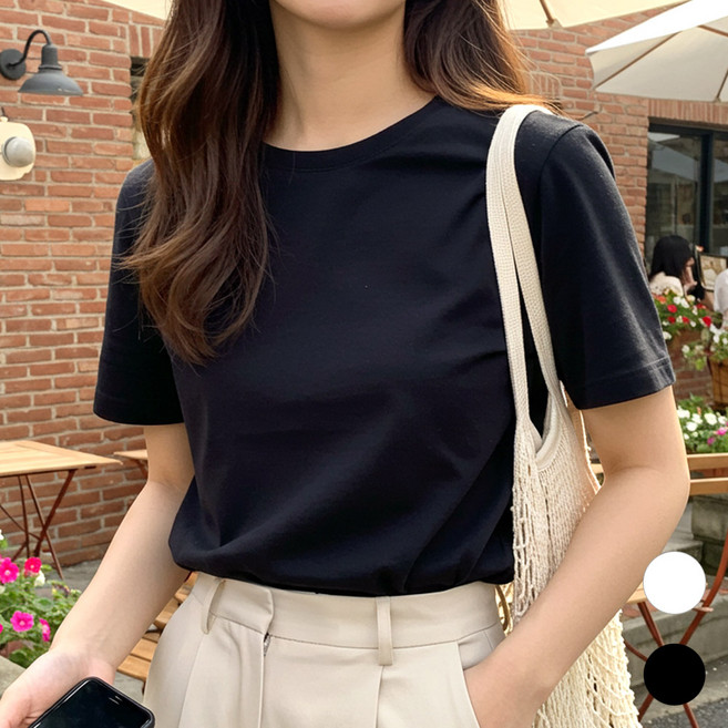 엠제이스타 여성 라운드 무지 반팔티 반소매 티셔츠 여자 흰티 면티 기본 반팔 티