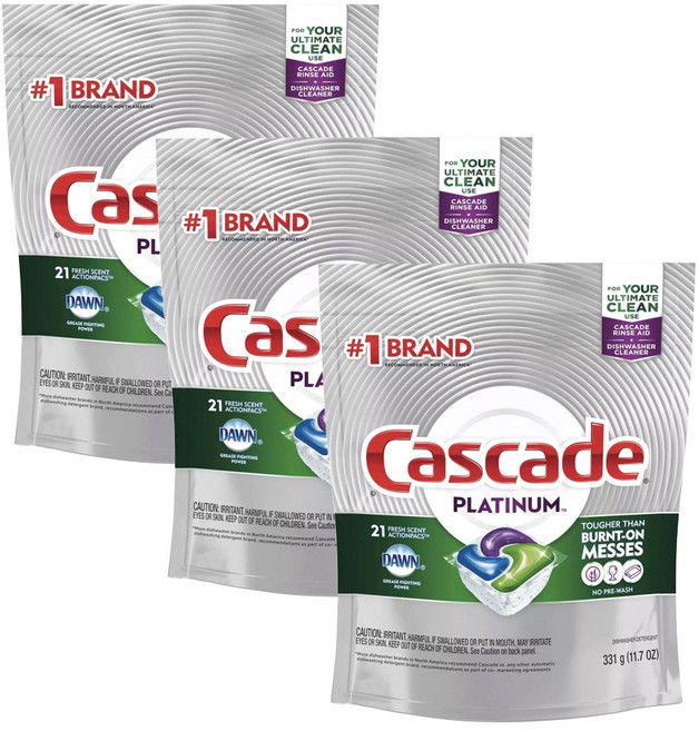 Cascade 플래티넘 프레시 향 식기세척기용 세제 21개입, 331g, 3개