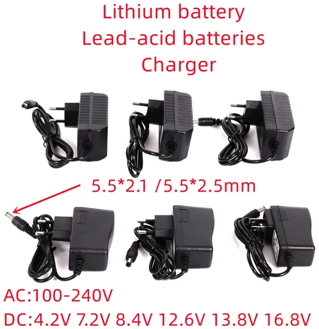 HONGPOE DC 4.2V 7.2V 8.4V 12.6V 13.8V 16.8V 1A 2A 18650 리튬 배터리 충전기 전원 어댑터 AC 100V-240V 5.5mm x 2.1mm, 유럽 ​​연합, 4.2V 2000mA