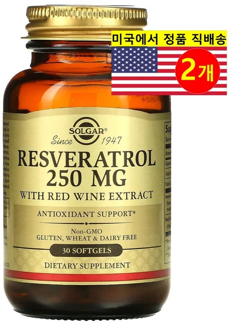 Solgar 레스베라트롤 250mg Resveratrol, 2개, 30정 - 쿠팡