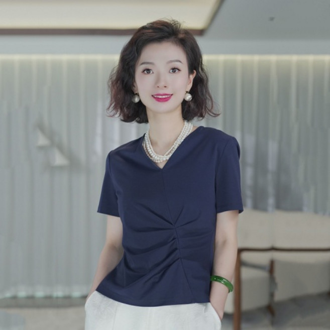 jieve 여성용 여름 브이넥 단추 장식 반팔 셔츠 우아한 실크 블라우스 SZ010924