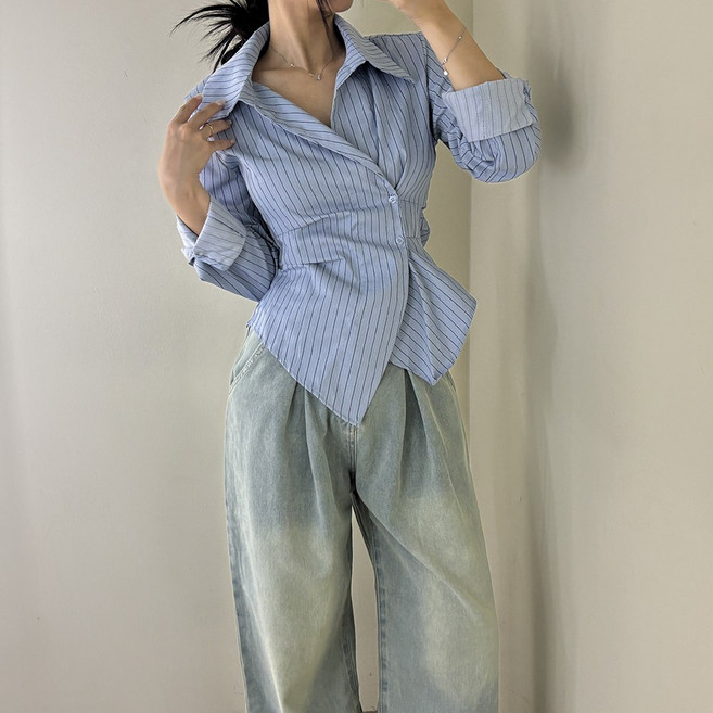 VANANA2 슬림핏 랩스타일 카라넥 셔츠