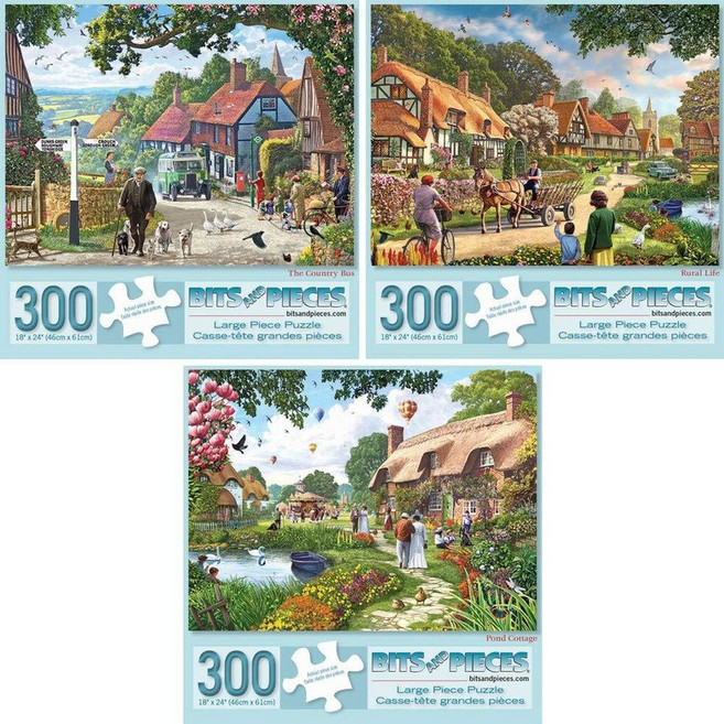Bits and Pieces 성인용 대형 300피스 직소 퍼즐 3개 밸류 세트 - 아티스트 스티브 크리스프의 마을 생활 직소 퍼즐 완성된 퍼즐 사이즈: 45.7cm x 61c, Steve Crisp 컬렉션