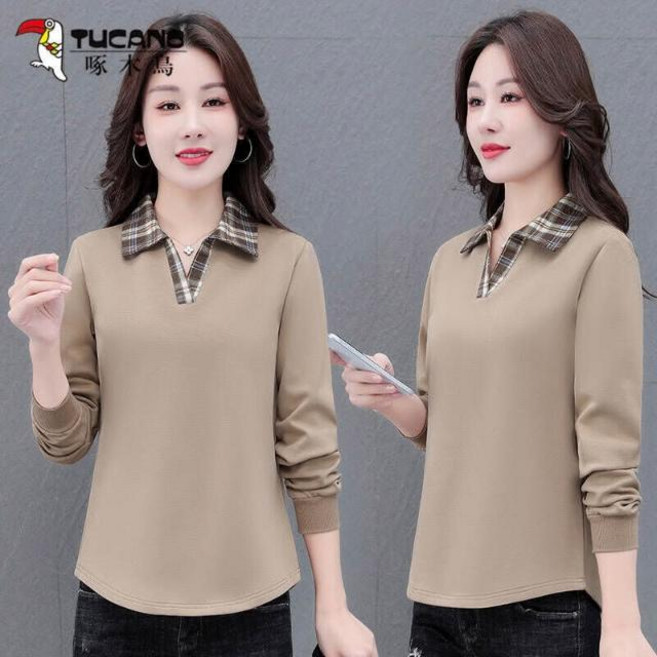 長袖T恤女媽媽裝Polo衫 春秋薄款翻領內搭保暖打底衫 素色棉質寬鬆顯瘦百搭休閒運動工作氣質中年
