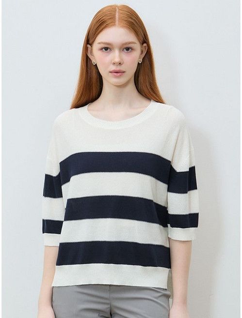 쉬즈미스 밑단 언발란스 스트라이프 반팔 니트 탑 택가격 138000원