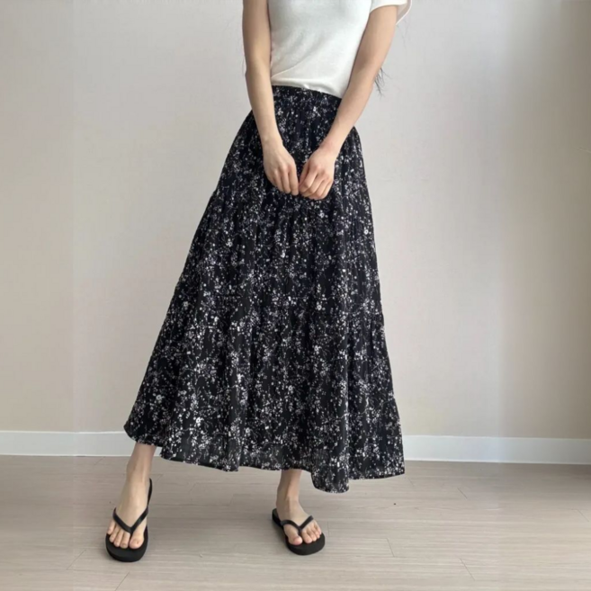 드몽 여성 비침걱정없는 플라워 잔꽃 밴딩 A라인 캉캉 롱 스커트
