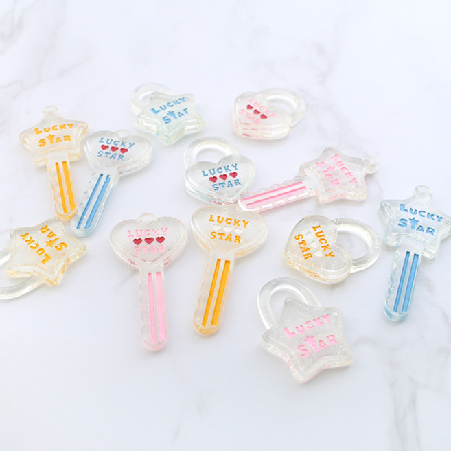 아크릴 글리터 별하트 럭키스타 열쇠 자물쇠, 별열쇠, 핑크, 1개