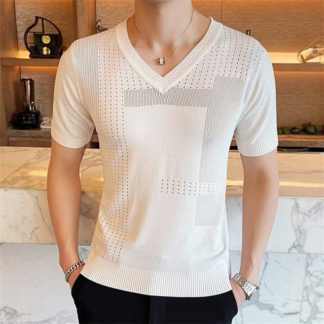 남자 니트 반팔티 여름 쿨 티셔츠 브이넥 슬림 스판 통기성 데일리 골지 AJ90