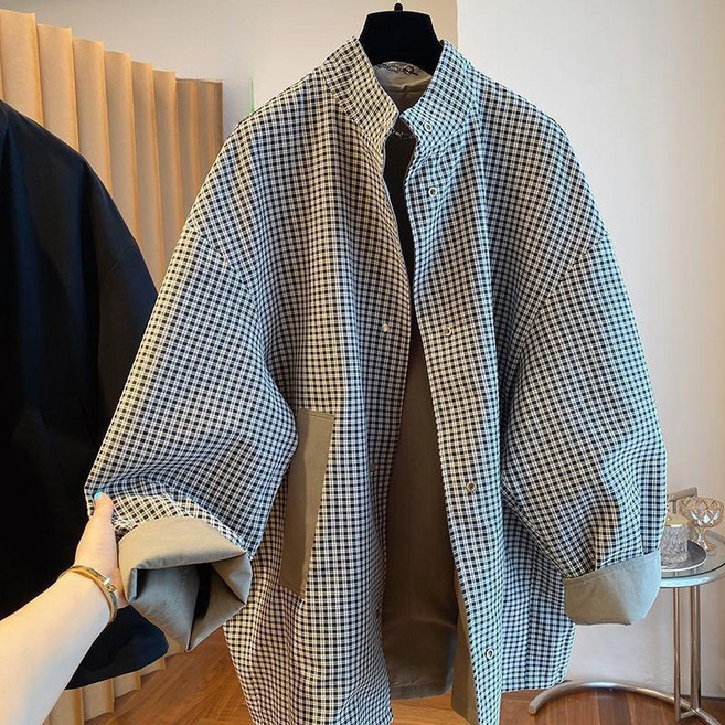 여성 겨울 울 혼방 체크무늬 양면 트렌치코트 중간 길이 아우터