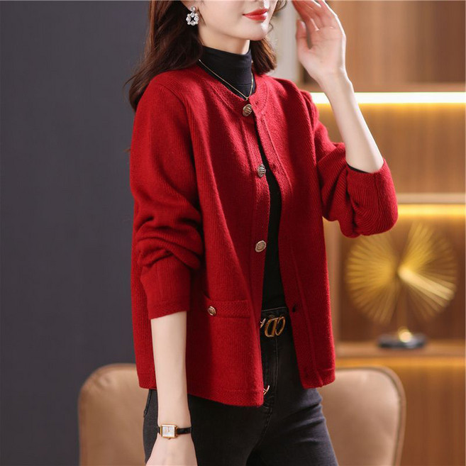 AOKADA 여성 봄 가을 루즈핏 라운드 니트 가디건 울 점퍼 아우터