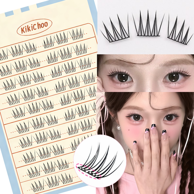 KIKICHOO 노글루 인조 속눈썹 6-9mm 짧은 A형 아이돌 속눈썹 풀 필요없음 원터치 속눈썹 대용량 톡톡하라 노글루 속눈썹, 1개, 블랙