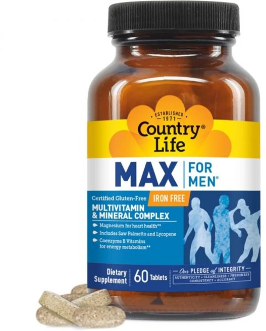Country Life Max for Men Multivitamin & Mineral complex Iron-Free Vegetarian Tablets 60 Count, Country Life Max for Men, Mult, 1개, 60정 - 쿠팡