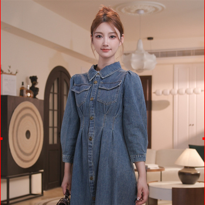 來西牛仔連衣裙潮流顯瘦氣質寬鬆收腰中長款復古7002長袖文藝復古